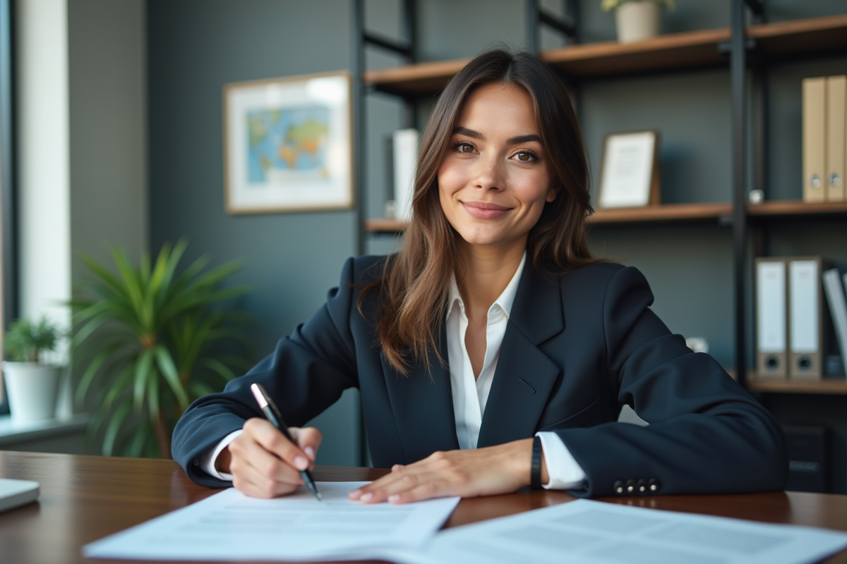 Jeune femme signant des documents de prêt en agence bancaire