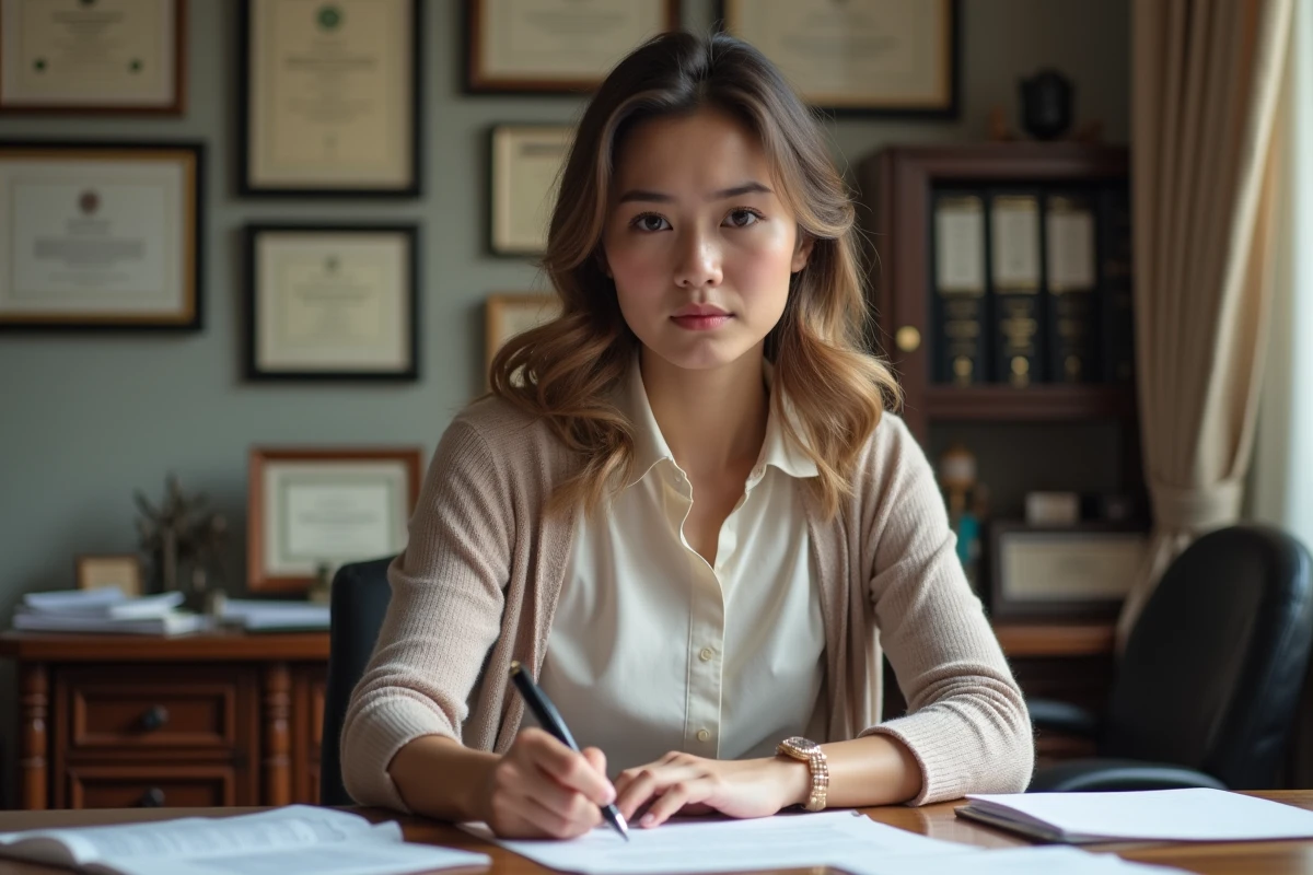 Jeune femme signant un document dans un bureau notarial
