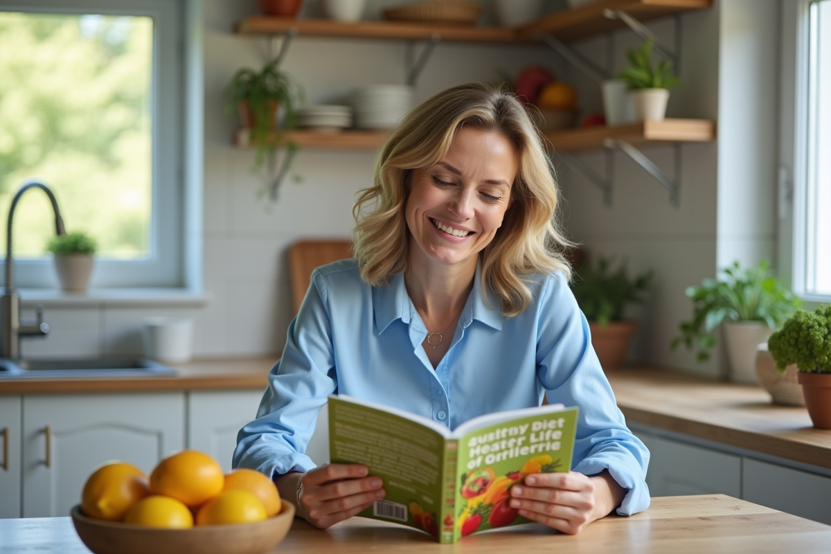 Femme souriante lisant un guide alimentaire dans la cuisine