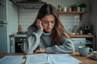 Femme stressée face à des documents de loyers impayés à la table de sa cuisine, illustrant les difficultés locatives et le recours à une garantie loyer impayé