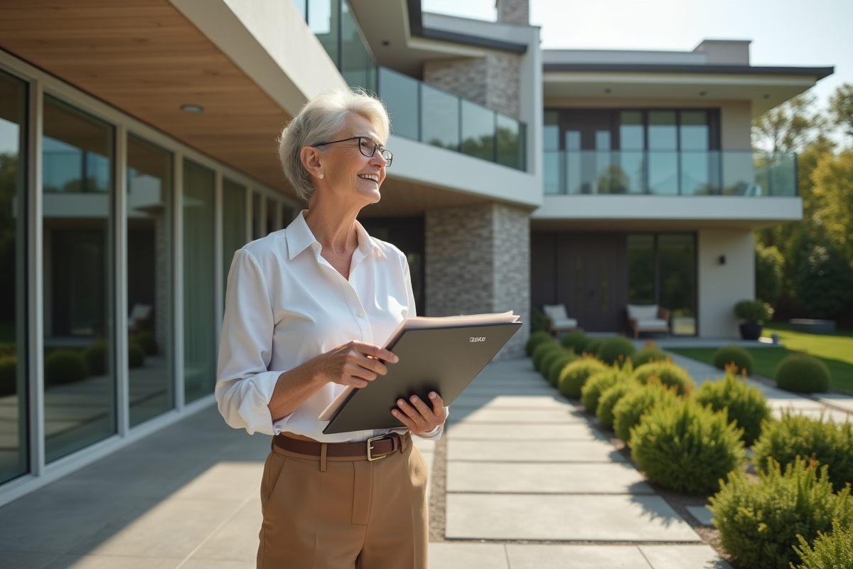 Femme mature regardant la maison depuis la terrasse en contemplant ses impôts