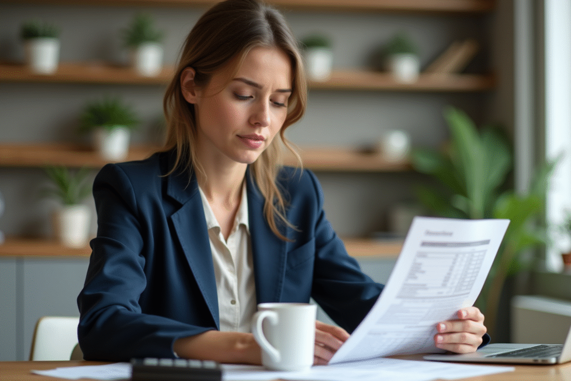 Jeune femme au travail sur ses impots à la maison