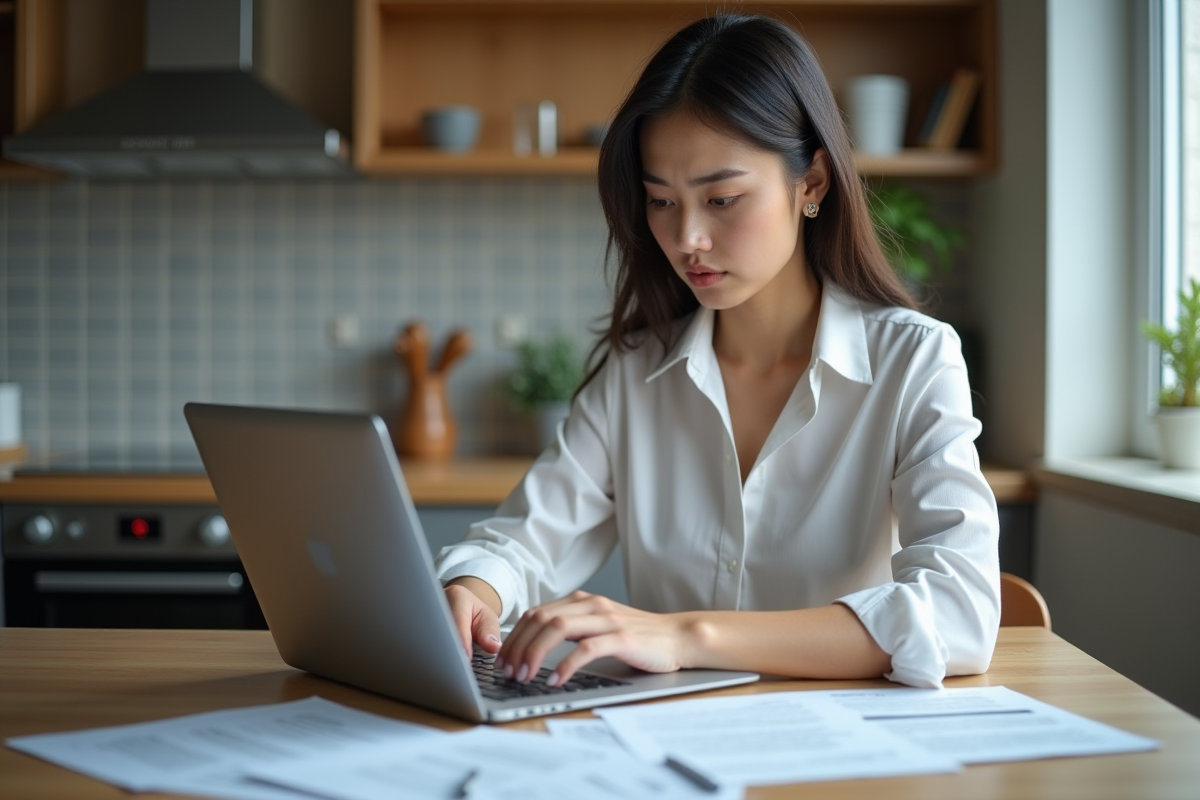 Jeune femme en tenue professionnelle examine des documents