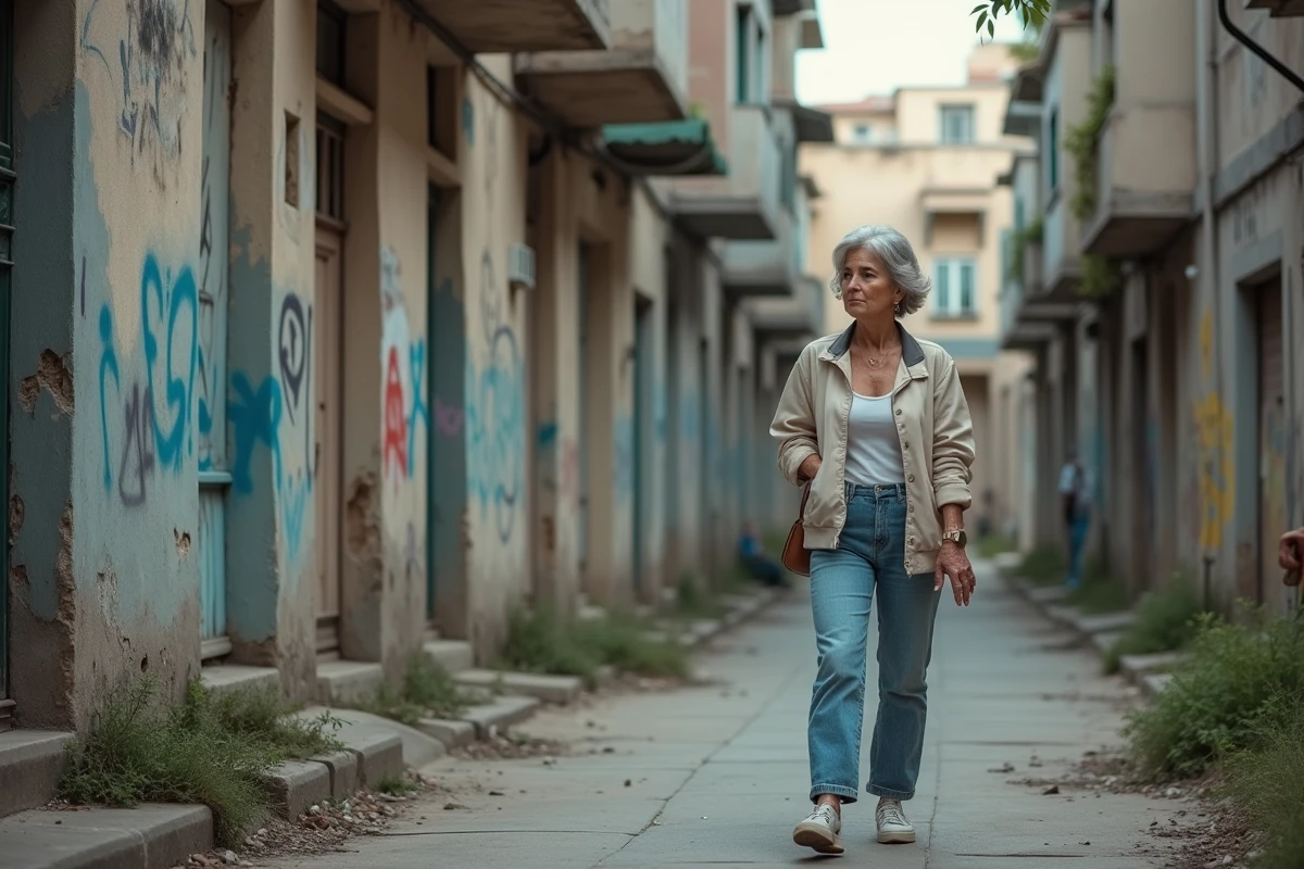 Femme urbaine en jeans dans un quartier graffiti