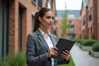Femme d'affaires avec tablette devant immeuble moderne
