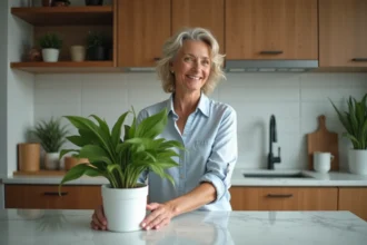 Femme arrangeant une plante dans une cuisine moderne
