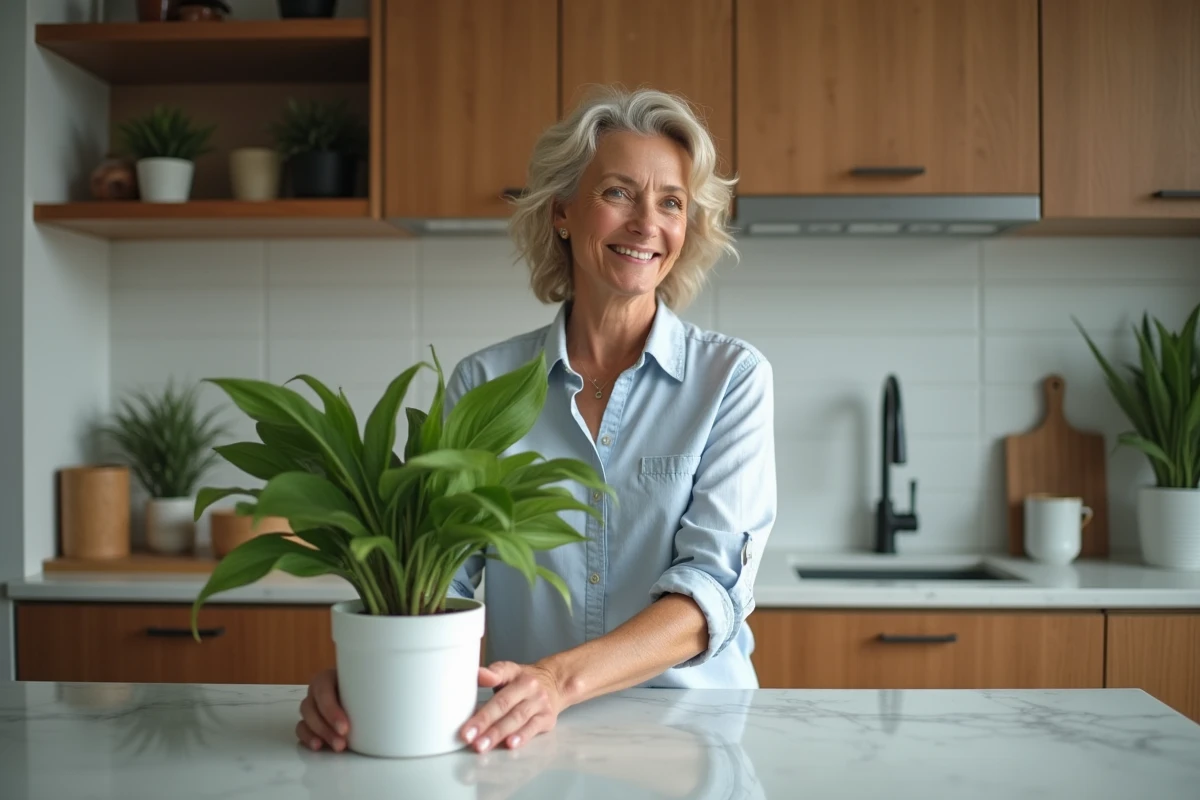 Femme arrangeant une plante dans une cuisine moderne
