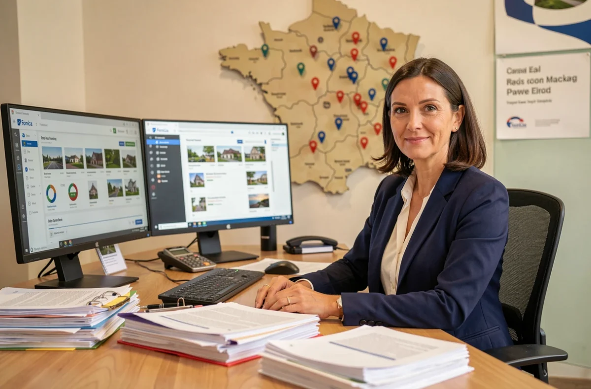 Gestionnaire Foncia devant un tableau de bord national de gestion locative avec carte de France et fichiers de biens immobiliers