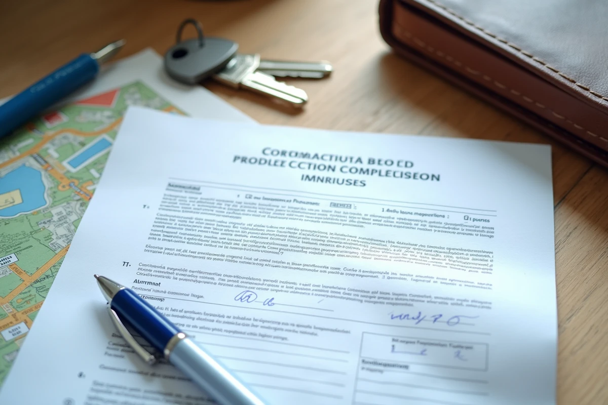 Formulaire de déclaration attestant l'achèvement des travaux DAACT avec clés de maison et plan cadastral