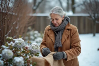 Arbustes protégés pour l'hiver avec paillage et couverture