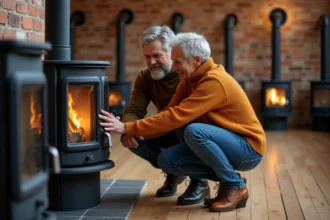 Poêle à bois moderne dans un intérieur chaleureux et écologique