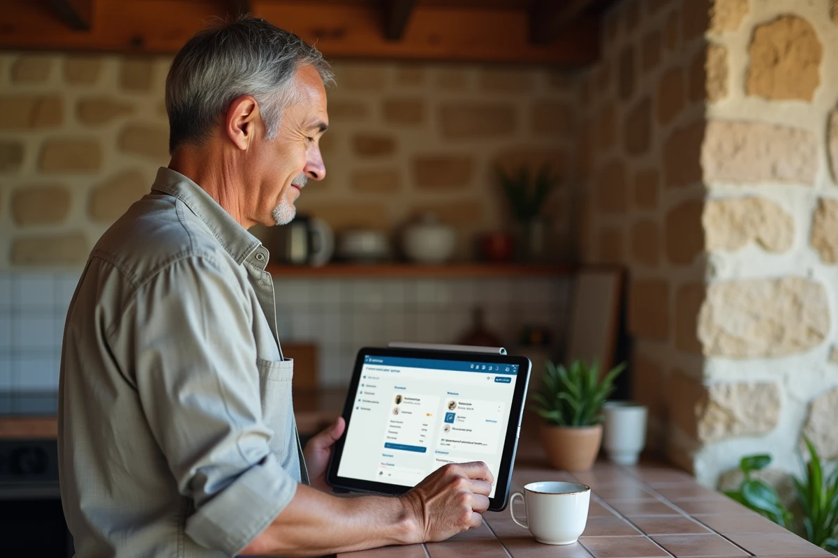 Gérant de gîte rural consultant son espace propriétaire Gîtes de France sur une tablette dans une cuisine en pierre