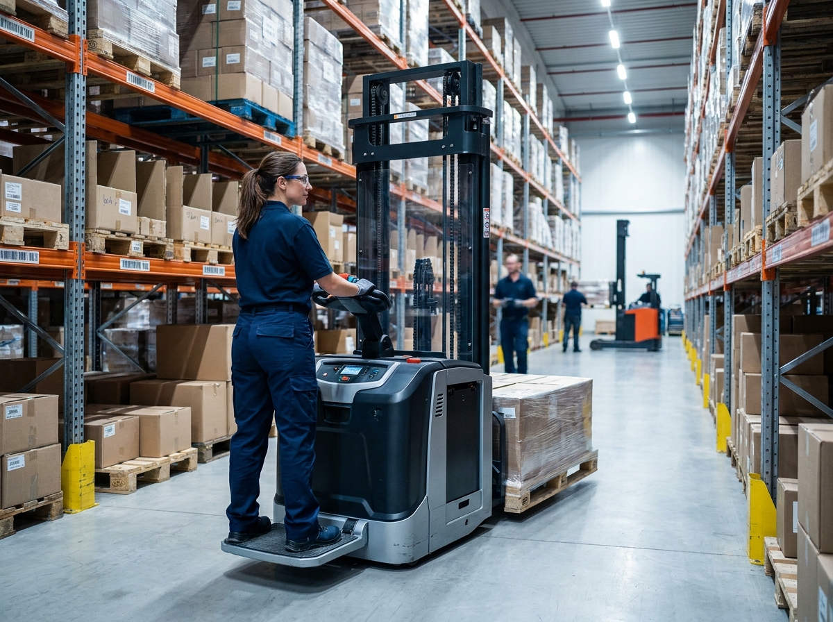 Technicienne logistique conduisant un gerbeur électrique moderne dans un entrepôt de distribution automatisé