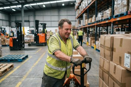 Opérateur entrepôt utilisant un gerbeur manuel pour soulever des palettes de cartons dans un entrepôt logistique industriel