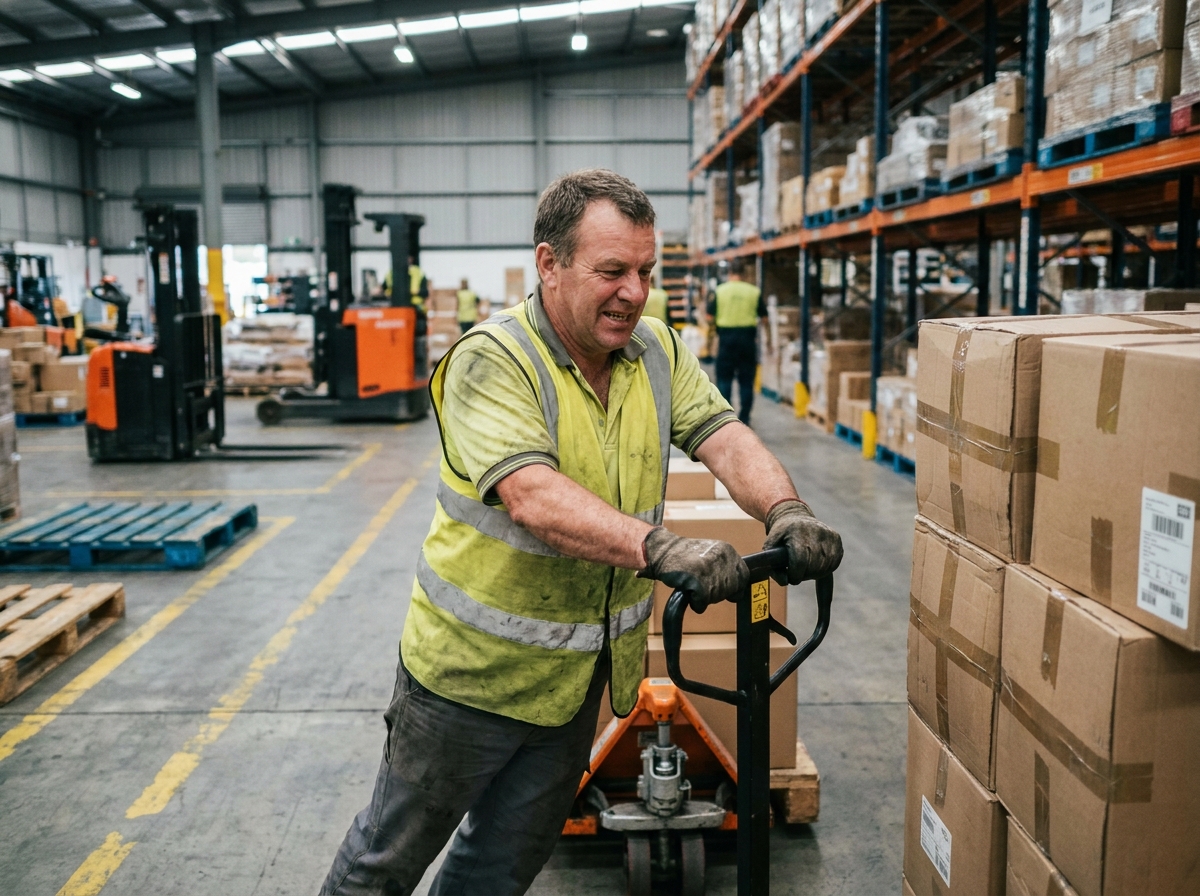Opérateur entrepôt utilisant un gerbeur manuel pour soulever des palettes de cartons dans un entrepôt logistique industriel