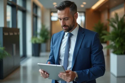 Gestionnaire immobilier en costume bleu avec tablette dans un hall moderne