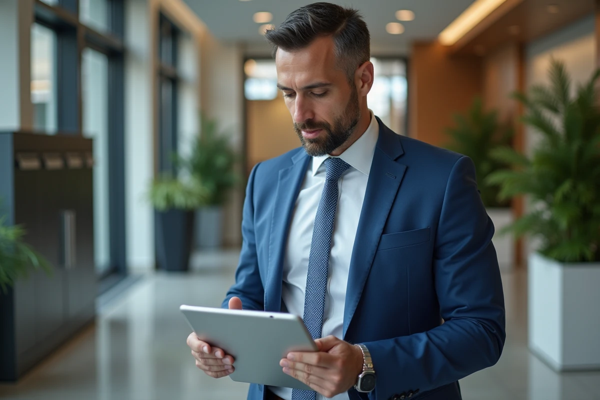 Gestionnaire immobilier en costume bleu avec tablette dans un hall moderne