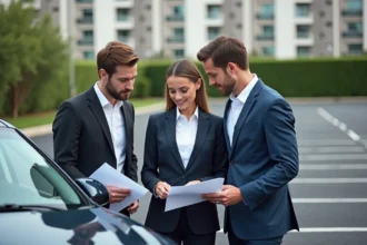 Trois professionnels autour d'une voiture en réunion extérieure