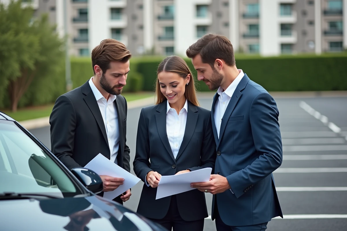Trois professionnels autour d'une voiture en réunion extérieure