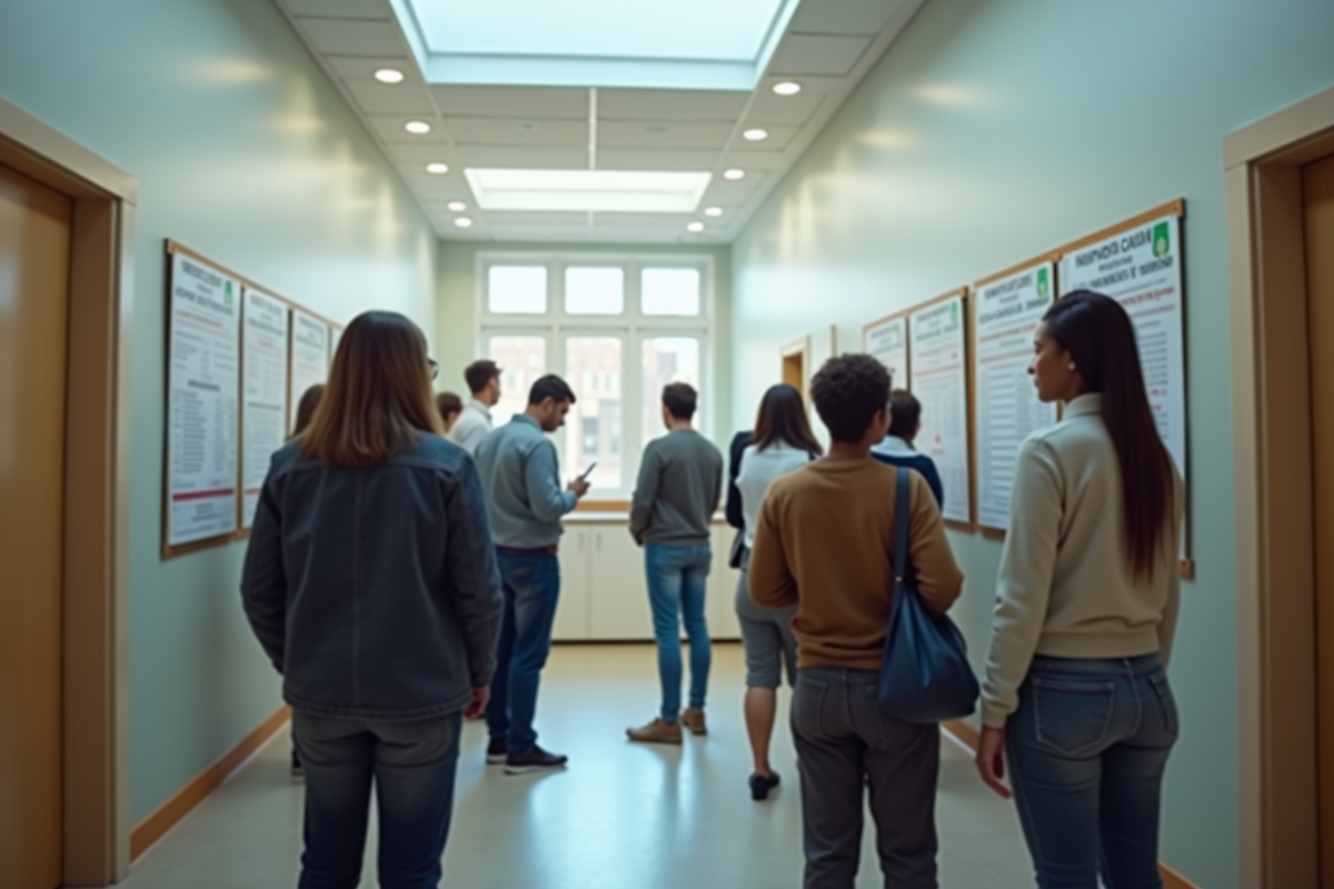 Groupe de personnes regardant des listes dans un bureau logement