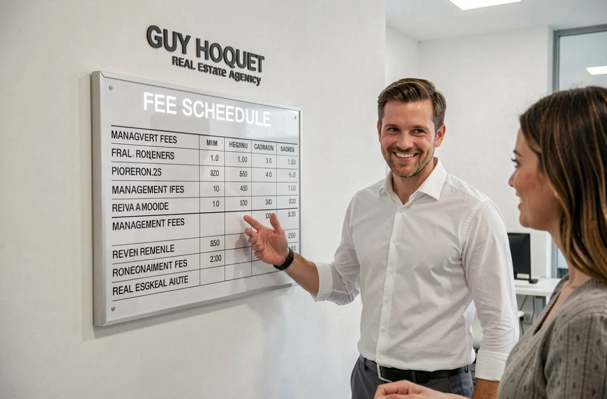 Agent Guy Hoquet présentant un tableau d'honoraires transparents affiché en agence devant une cliente intéressée