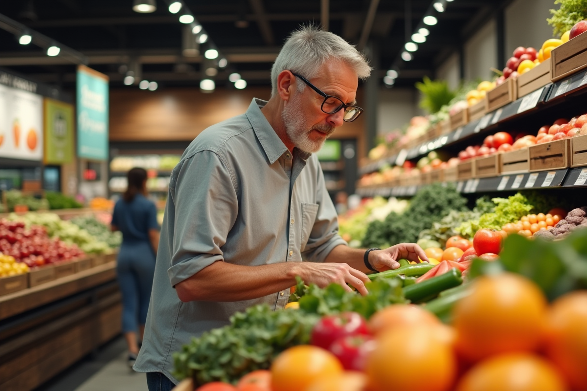 Homme examinant des fruits dans un marché bio