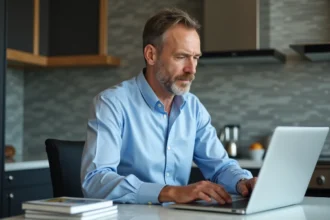 Homme d'affaires en chemise bleue consulte des données immobilières