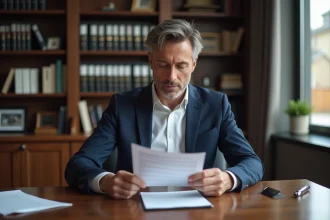 Homme d'affaires en costume lisant un document juridique