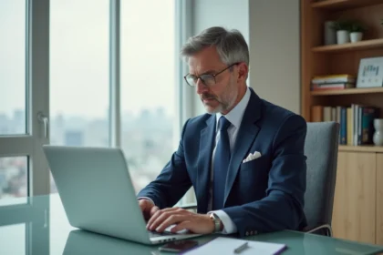Homme d'affaires en costume bleu regarde des données immobilières