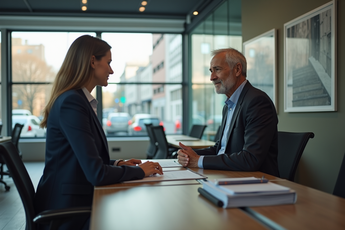 Homme discutant avec un agent immobilier dans un bureau moderne