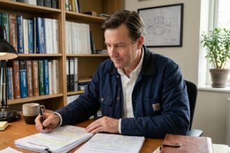 Homme d'âge moyen examinant un contrat d'assurance dans un bureau