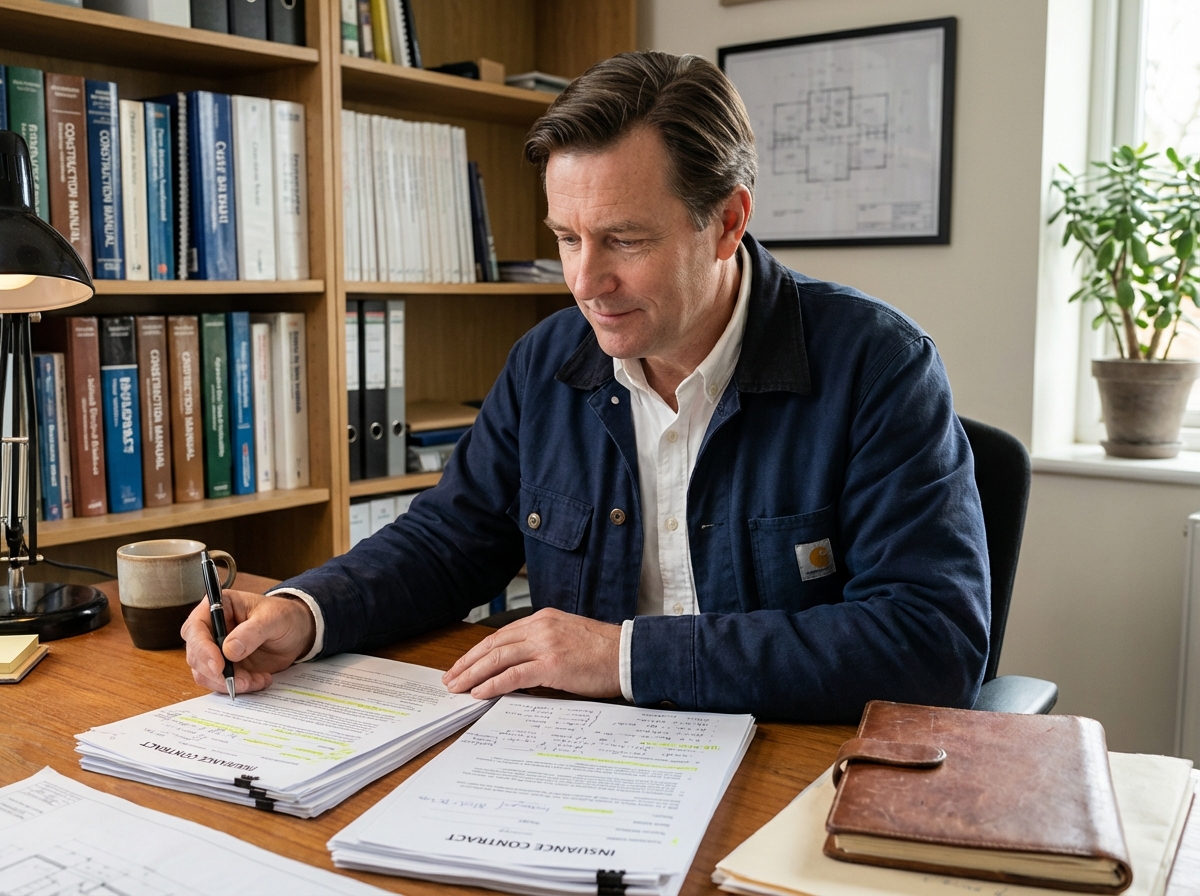 Homme d'âge moyen examinant un contrat d'assurance dans un bureau