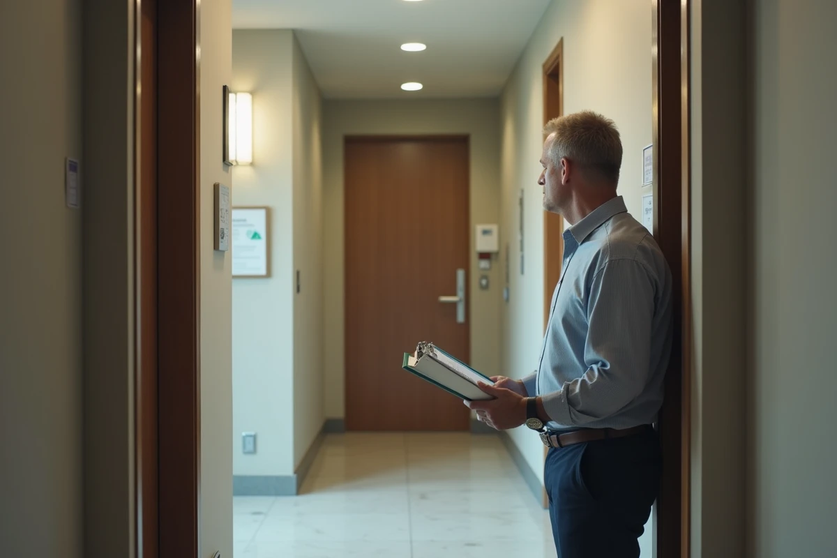 Homme avec un clipboard devant une porte d