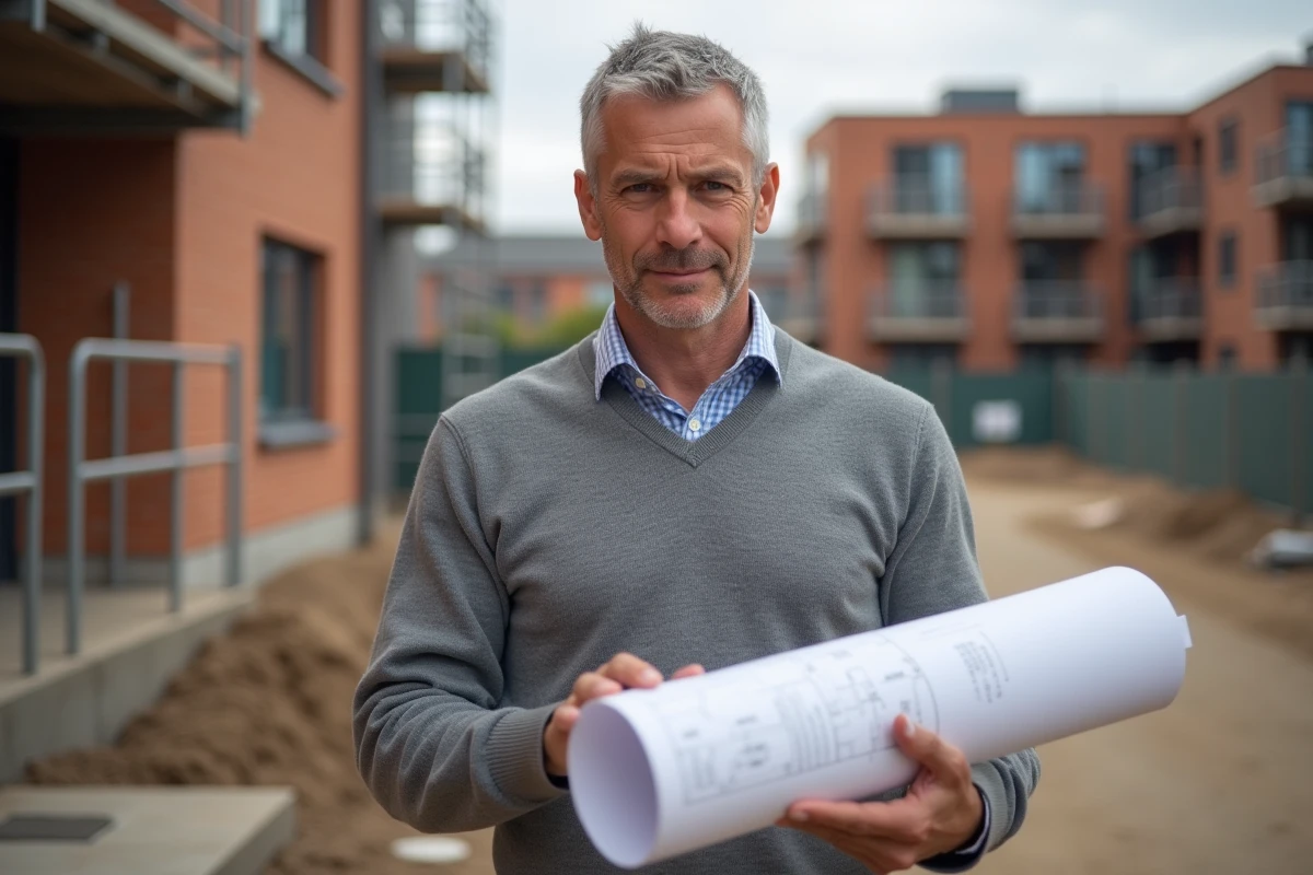 Homme avec plan sur site de construction en plein air