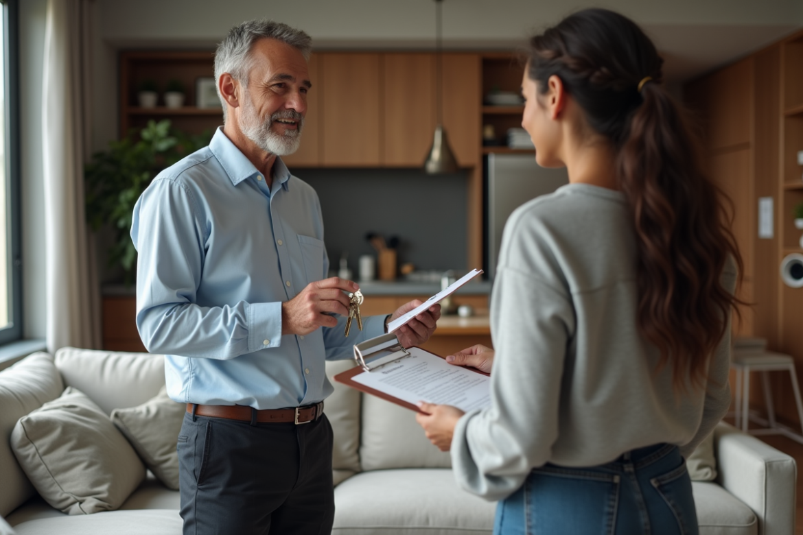 Homme d affaires avec clés et clipboard dans un salon moderne