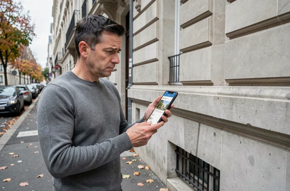 Homme comparant une annonce immobilière en ligne avec un appartement réel dans la rue