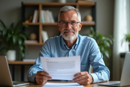 Homme d'âge moyen tenant des documents de location dans un bureau moderne