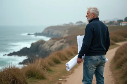 Homme d'âge moyen regardant la côte avec plans en main