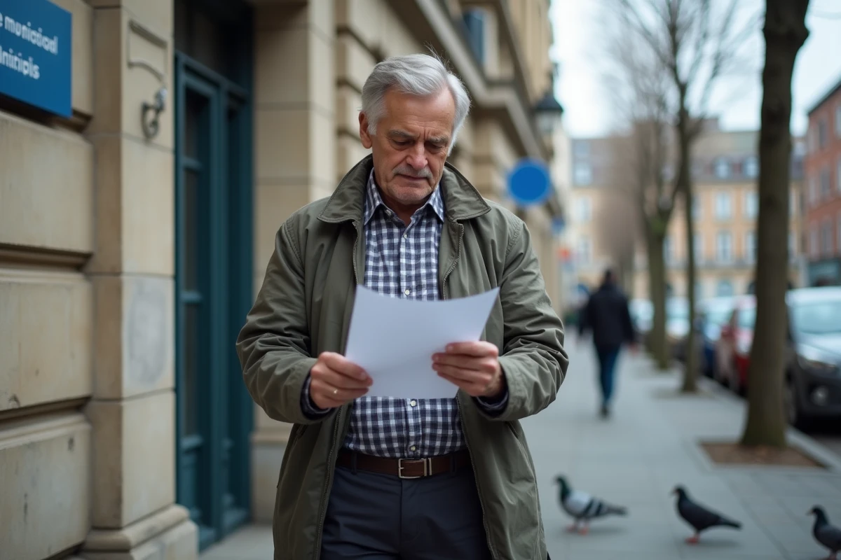 Homme lisant un courrier officiel devant un office municipal de logement social pour ménage prioritaire