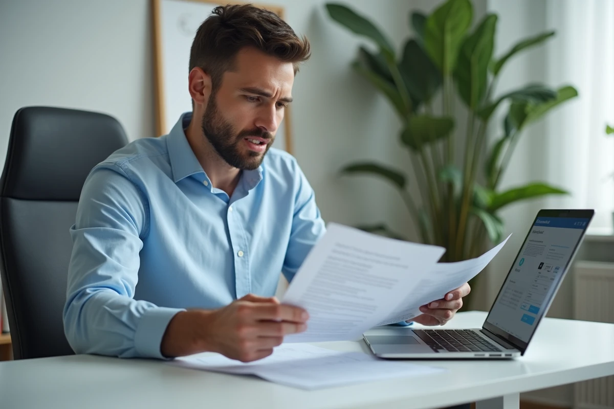Homme lisant attentivement un document de déclaration de sinistre locatif à son bureau, illustrant les démarches en cas d'impayés avec Garantme