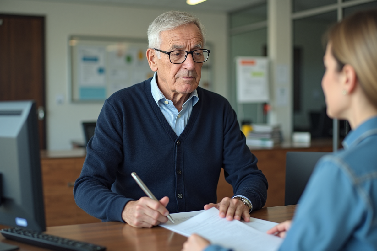 Homme âgé parlant avec un agent administratif dans un bureau municipal