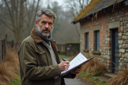 Homme d'âge moyen examinant des papiers devant une maison abandonnée