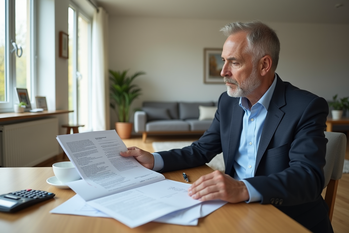 Homme d'âge moyen examinant des documents importants dans un salon lumineux