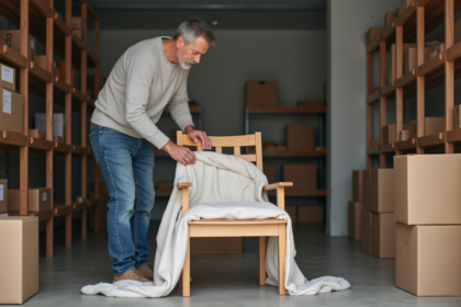 Homme emballant une chaise en bois dans un espace de stockage organisé