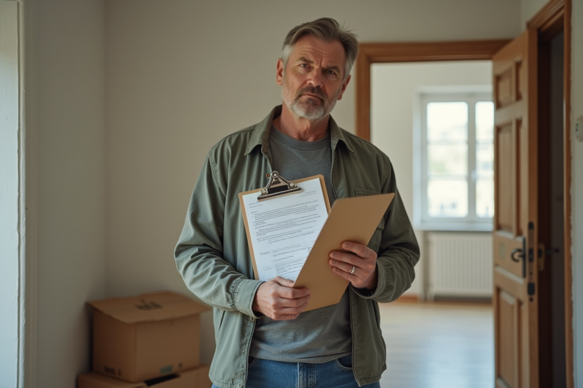 Homme d'âge moyen dans l'entrée d'un appartement vide