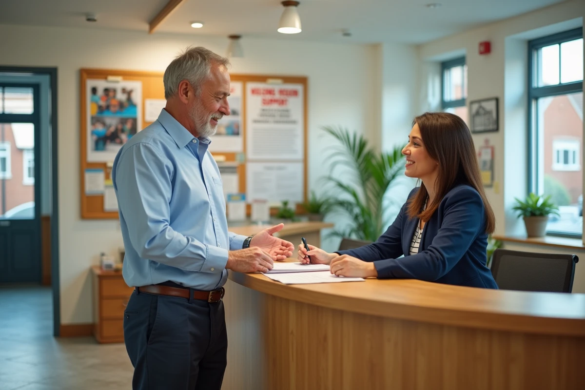 Homme discutant avec une assistante sociale dans un bureau communautaire