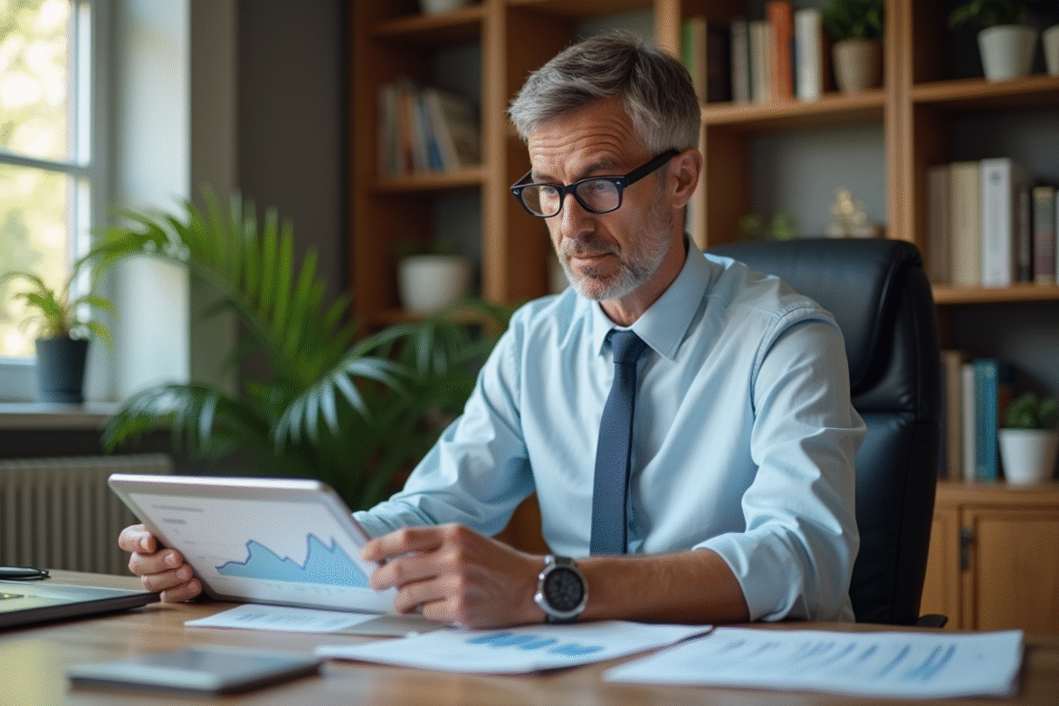 Homme d'âge moyen analysant des données immobilières