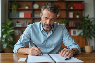 Homme d'âge moyen lisant un contrat de location dans un appartement moderne