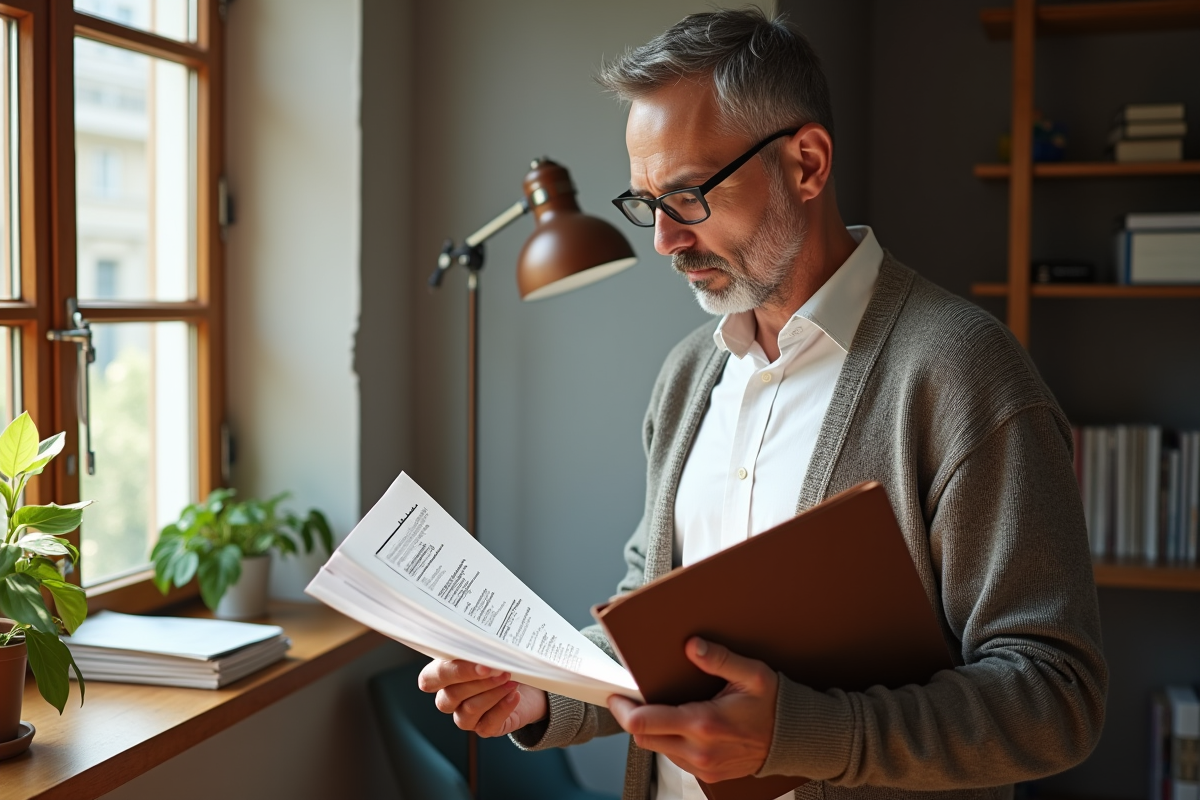Homme lisant un dossier fiscal dans son bureau