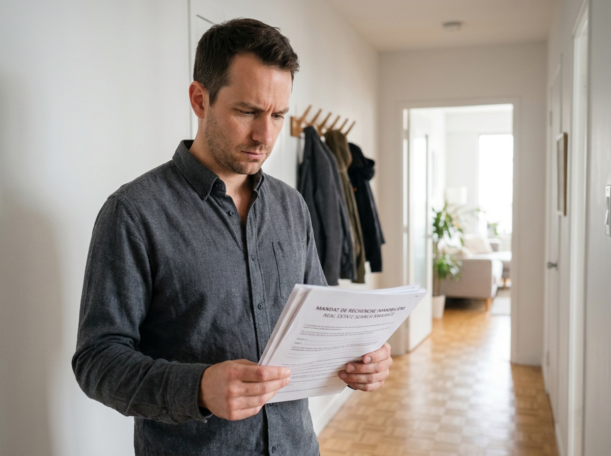 Homme lisant attentivement un mandat de recherche immobilier avant de le signer lors d'une visite de bien